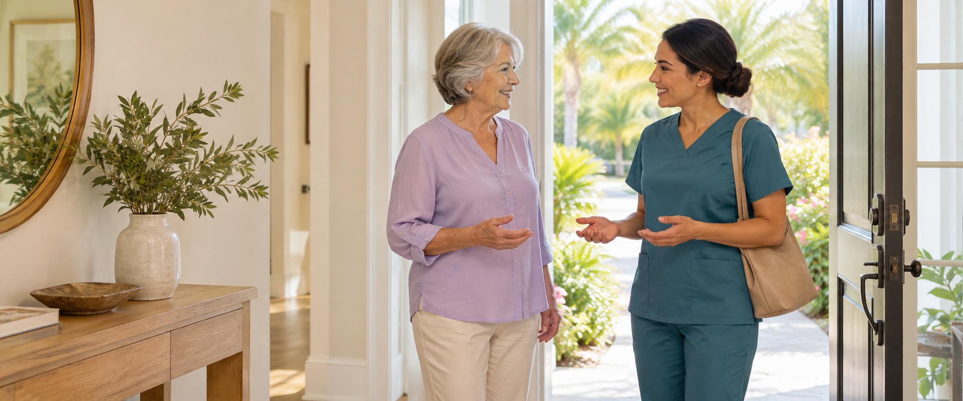 Illustrative scene of a home-care professional listening to a senior patient and family member